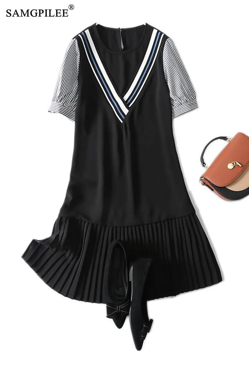 

Summer Clothes For Women 2021 New Fashion Office Lady A-line Striped Short Sleeve Knee-length O-neck Plus Size Dress Woman 4XL