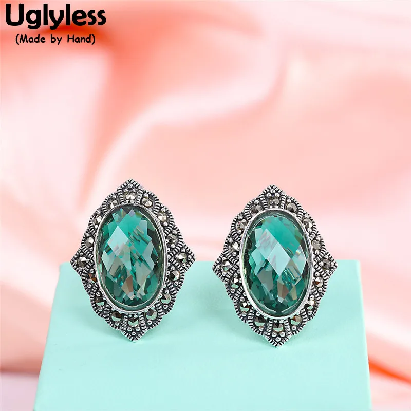 Uglyless Exotic Marcasite Studs Earrings for Women Faceted Green Crystal Earrings Rhombus Square Brincos Thai Silver 925 Silver