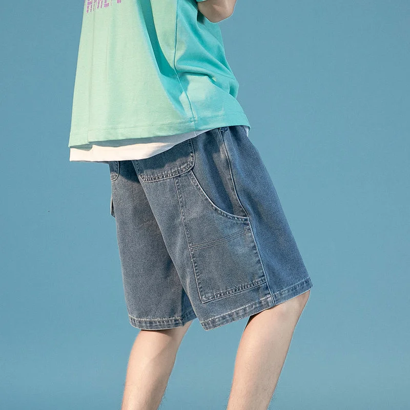 

Big Pocket Denim Shorts Men Korean Casual Shorts Men's Fashion Loose Denim Shorts Men's Streetwear Straight Five-point Pants Men