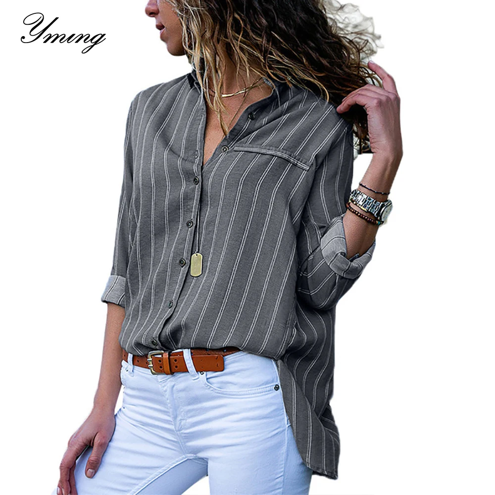 Женская шифоновая блузка YMING офисная в полоску с длинным рукавом и отложным