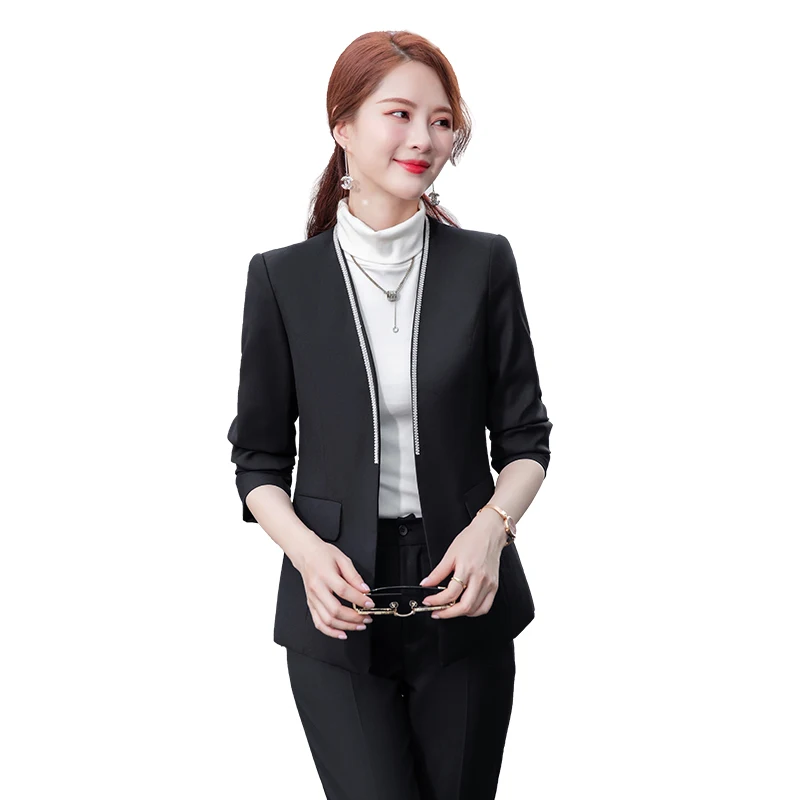 

Women Office Ladies Pant Suit Formal Slim 2 Piece Set Fashion 2021 Fall Winter Black White Blazer And Jackets For Business Work