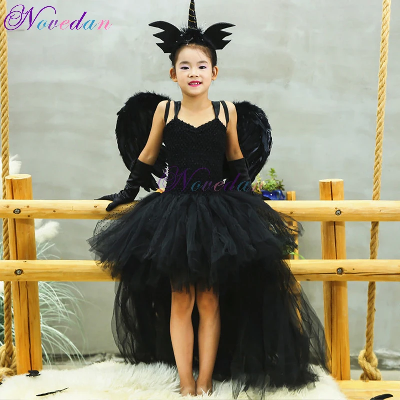 Vestido de unicornio negro de diablo para niña, tutú, falda, alas de Ángel, Cosplay, escenario, regalo, 1-14 años