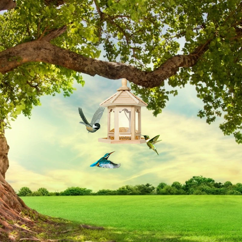 

ZL Wooden Wild Bird Feeder Hanging Bird Feeder With Roof For Garden Yard Outside Decoration, Hexagon Shaped With Roof