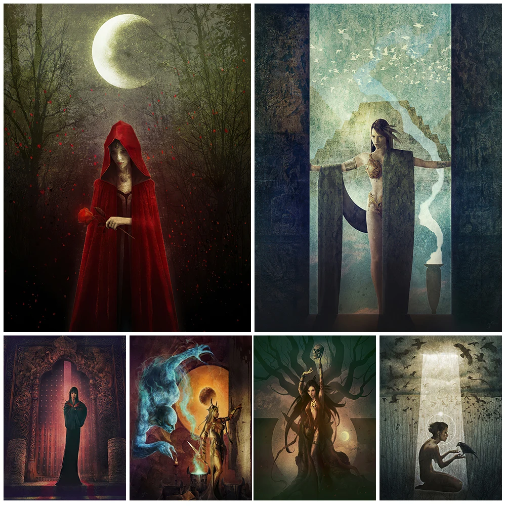 

Red Rose And Witch Messenger Wall Art Canvas Painting Dark Wicca Poster And Prints Home Decoration Summon Witchcraft Art Prints