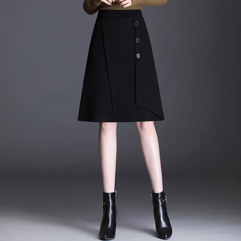 

Elegant Chic A-line Black Skirt Women Autumn Winter High Waist Loose Casual Knee-length Office Lady Formal Work Skirts 8203