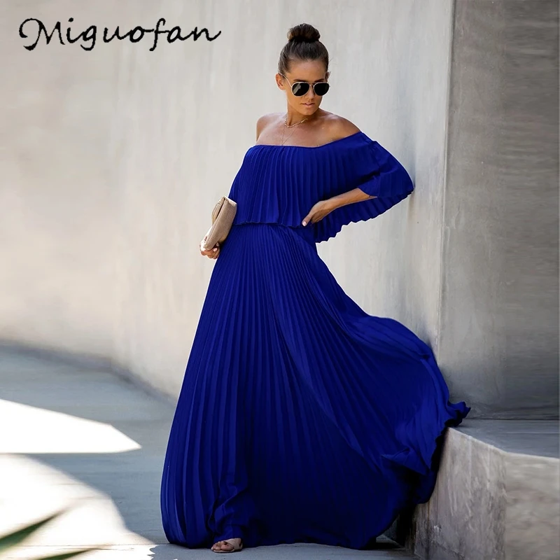 Blue Miguofan шифоновые летние платья с открытыми плечами, женское Плиссированное длинное платье с оборками, розовое элегантное свободное праздничное пляжное платье для женщин - Цвет: Blue