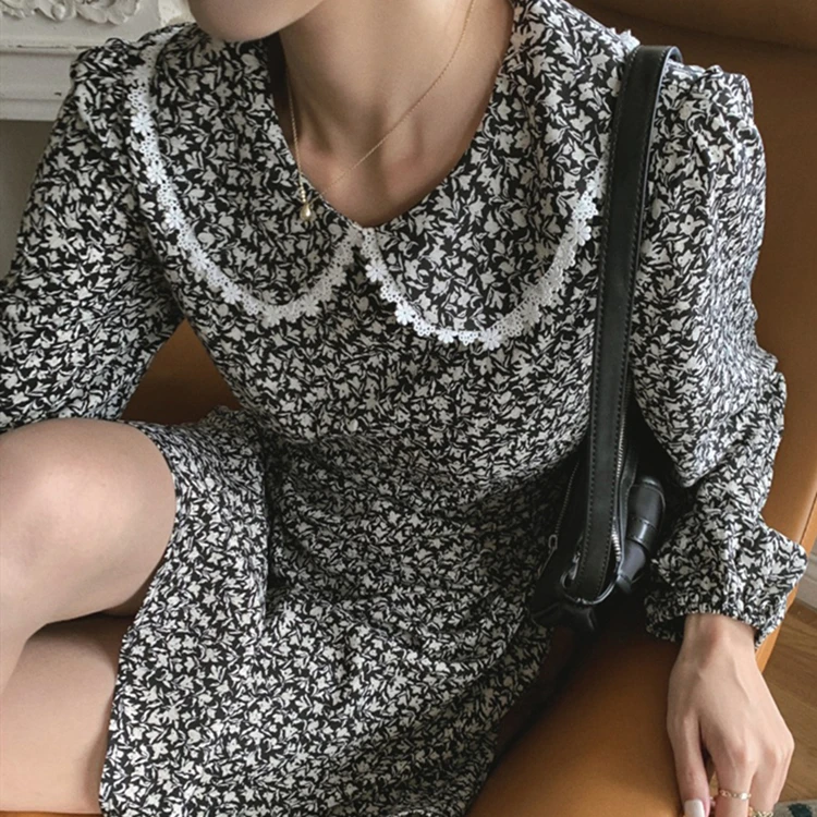 

2021 New Women's Summer Autunm Dresses Floral Printed High Waist Peter Pan Collar Elegant Vintage Wild Lady Mini Dresses