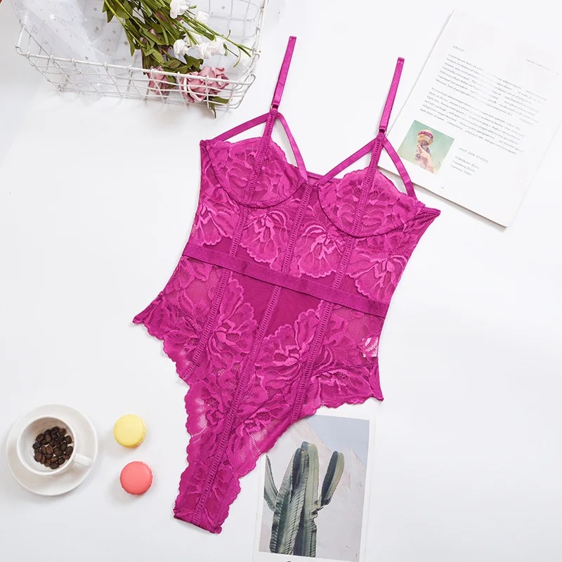 

Women Lingerie Bodysuit Purple See Through Lace Porno Lingerie Clothing Transparent Bra Panties Mesh Body Suits Babydoll Femme