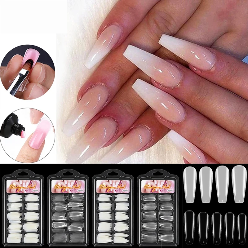 100pcs/box Clear Transparent Seamless Fake Nails Full Coverage False Nails Tips Short T-shaped Full Sticker For Nails Manicures images - 6