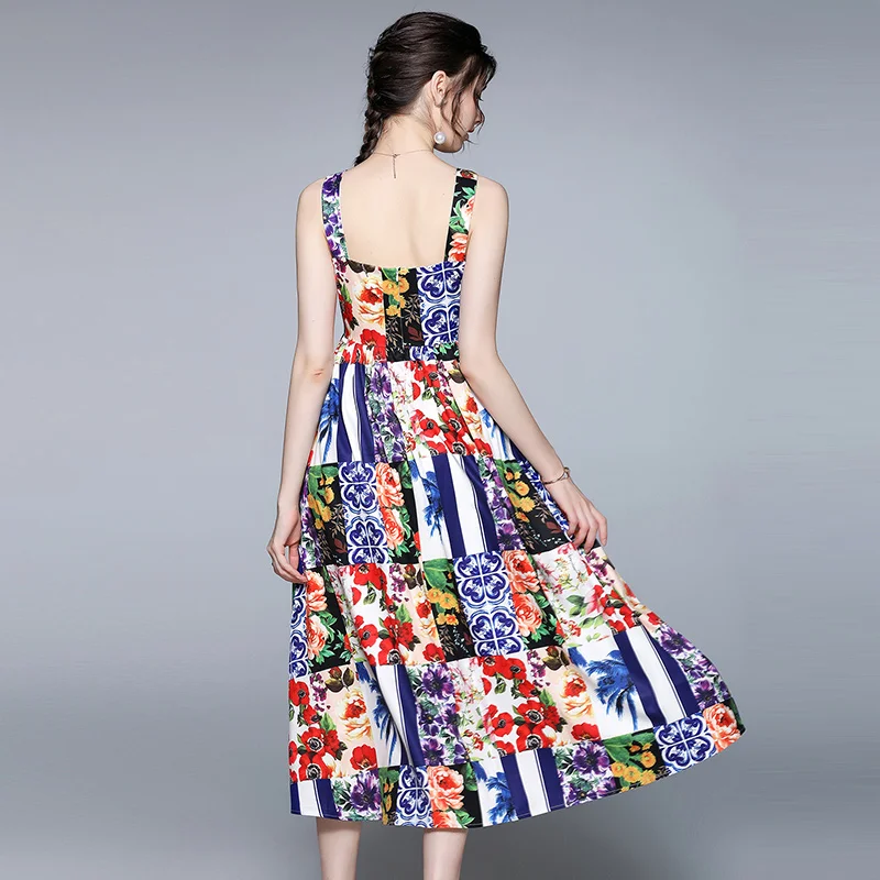 

Women Summer Designer Elegant Square Neck Sexy Slim Vintage Floral Print Big Swing Spaghetti Strap Cocktail Party Dress Vestidos