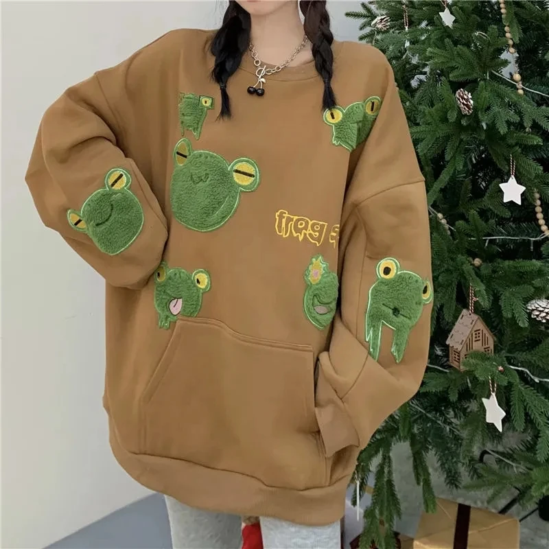 

Cute clothes embroidery frog sleeve sweater women plus velvet belt scarf hoody loose oversize retro hoodie streetwear y2k kawaii