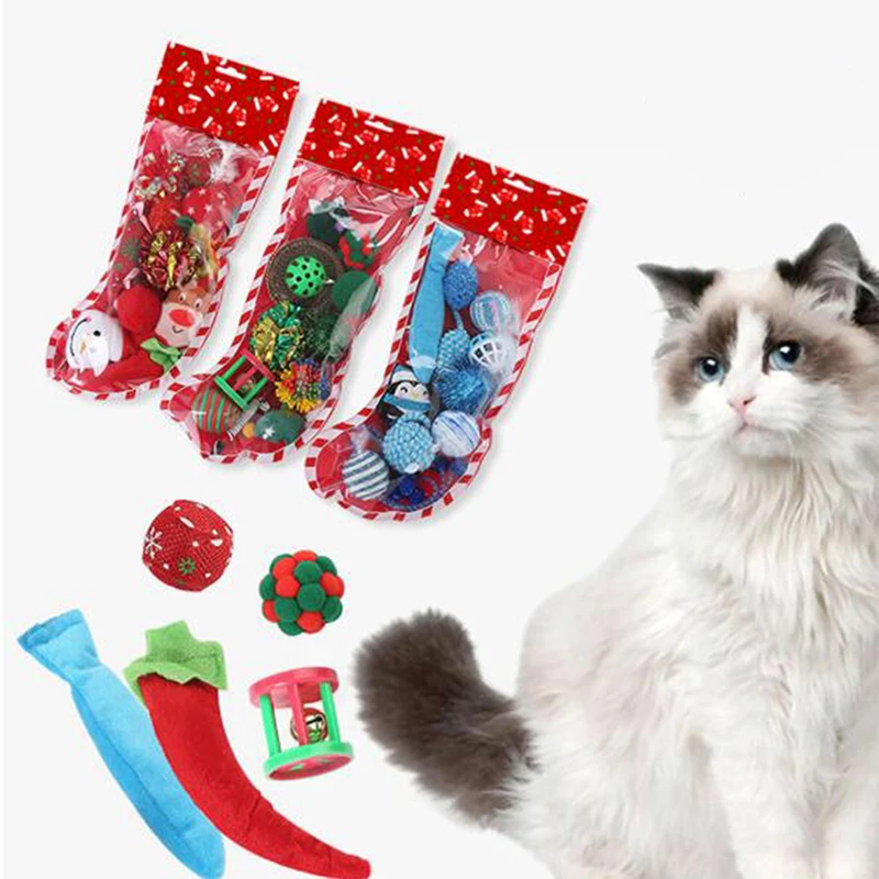 

Pet Cat Toy Christmas Combination Set Mini Funny Playing Toys For Cats Colorful Plush PE Sock Packing Pet Cat Toy