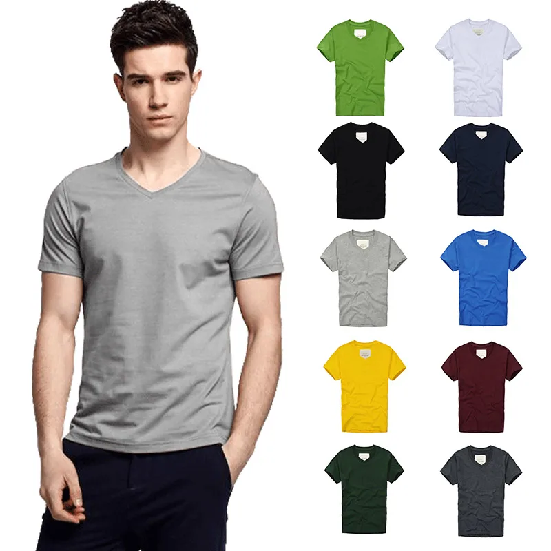 Однотонная повседневная мужская футболка летняя новая с v образным вырезом и