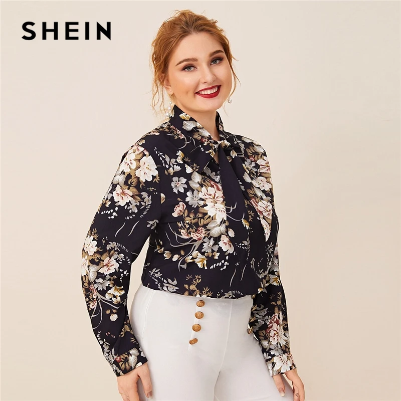 SHEIN, плюс размер, темно-синий топ с завязками на шее, с растительным принтом, для женщин, осень, однотонный, элегантный, для офиса, для женщин, s, плюс, топы и блузки