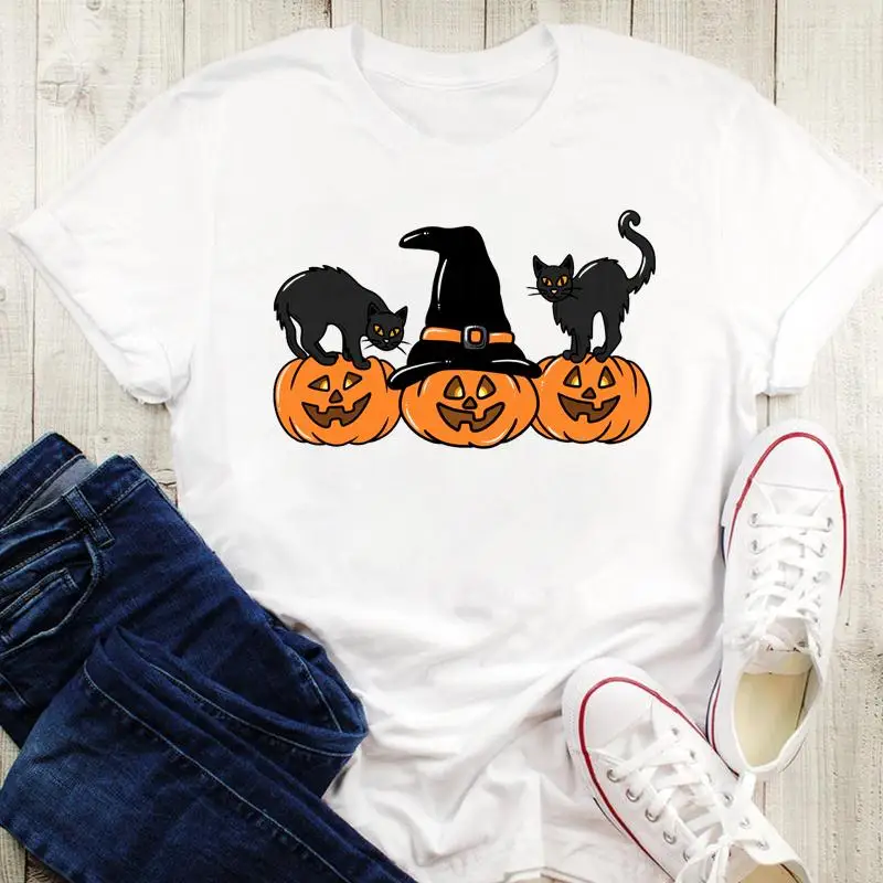 

Fall Autumn Watercolor Witch Funny Graphic Print Tees Women Halloween Thanksgiving Female Style Cartoon Tops Tshirt T-Shirt