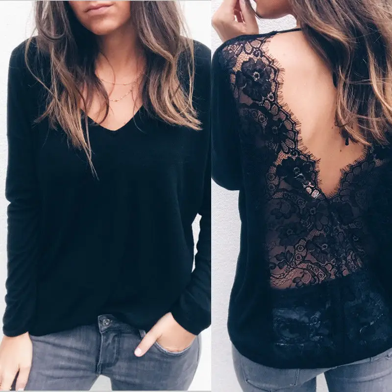 

New Fashion Women Long Sleeve Backless Shirt Casual Lace Blouse Loose Tops Shirt