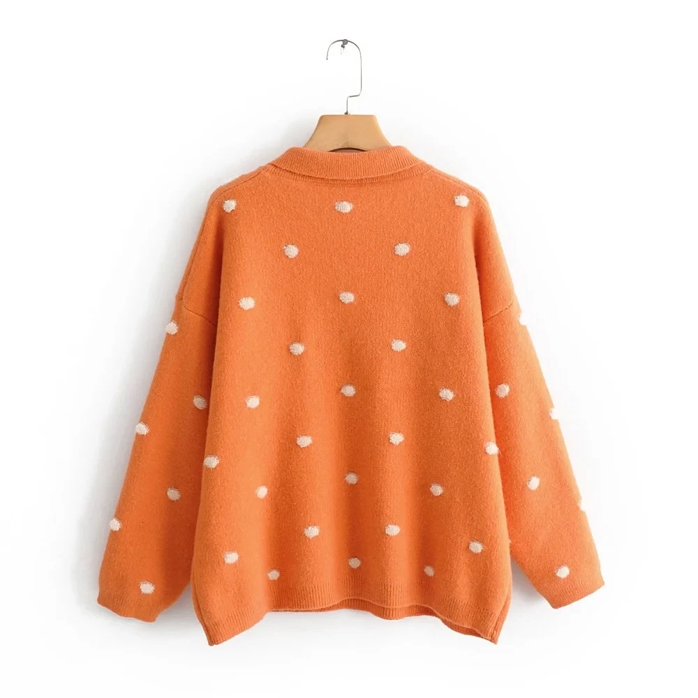 H.SA Women Winter Sweaters Long SLeeve Crew Neck Pink Pullover and Sweater Polka Dots Bow Sweaters Kawaii Knitwear Tops