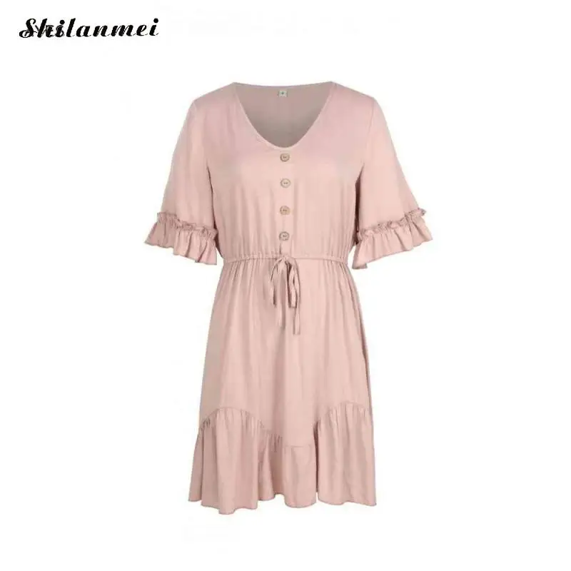 Yellow Sexy Mini Dress Women 2020 Button Drawstring Casual V Neck Ruffles Holiday Party Beach Sundress Retro Vestidos | Женская одежда