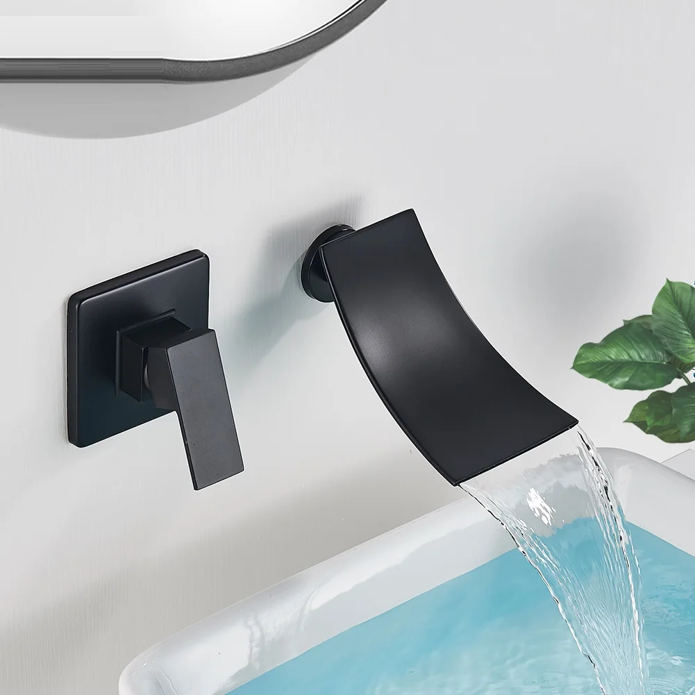 

Хромированный смеситель для ванной комнаты, матовый черный настенный кран «Водопад» для умывальника, однорычажный, для горячей и холодной ...