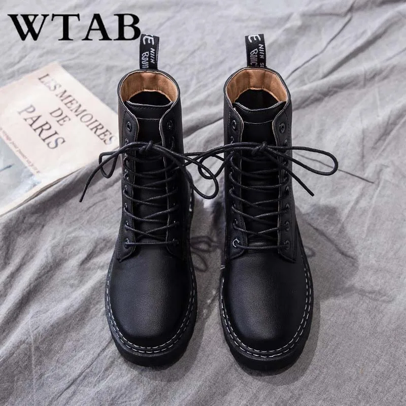 Женские ботинки на меху WTAB черные теплые кожаные платформе со шнуровкой Размеры
