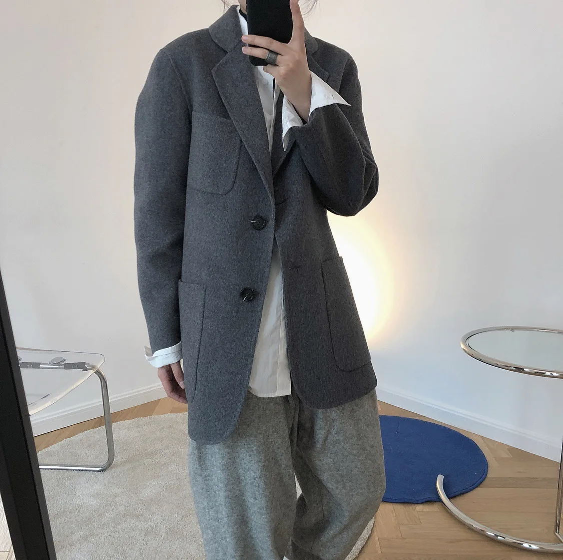 Пальто женское Шерстяное двубортное с двумя большими карманами свободное 2020 |