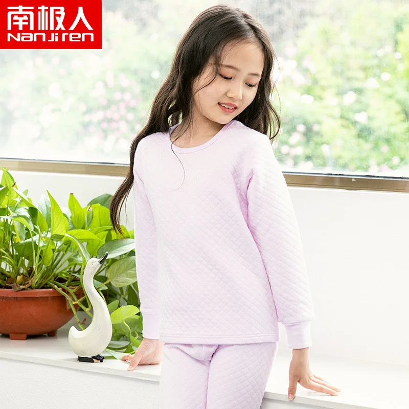 Round neck purple Антарктическое детское термобелье комплект хлопковой одежды в подростки теплозащитные воздушные рубашки для малышей осенняя одежда длинные штаны Три слоя холодного - Цвет: Round neck purple