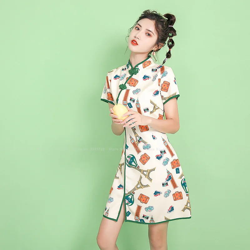 

Fashion Streetwear Women Retro Chinese Style Cheongsam Korean Girl Cute Split Qipao Shirts Japanese Harajuku Print Party Dress