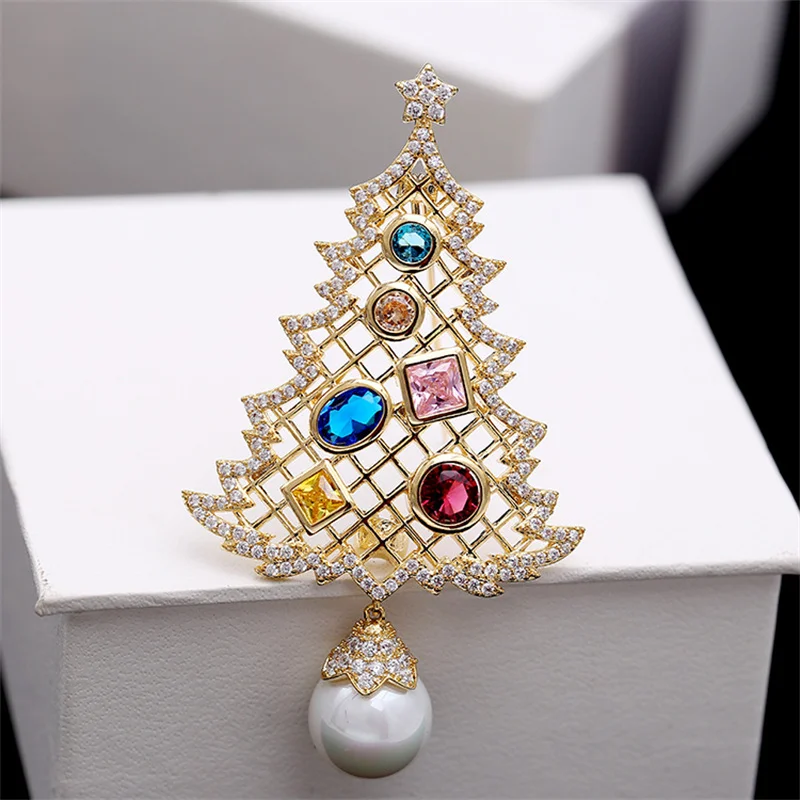 Luxury Man Christmas Tree Brooch Pins +AAA CZ Pearls Charms Pendant Sparkling Brooches Jewelry for Women Girl Male Wedding Gift | Украшения