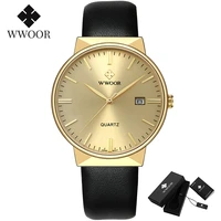 wwoor mens watches top brand luxury waterproof genuine leather wrist watch men classic gold black date quartz watch saat erkek