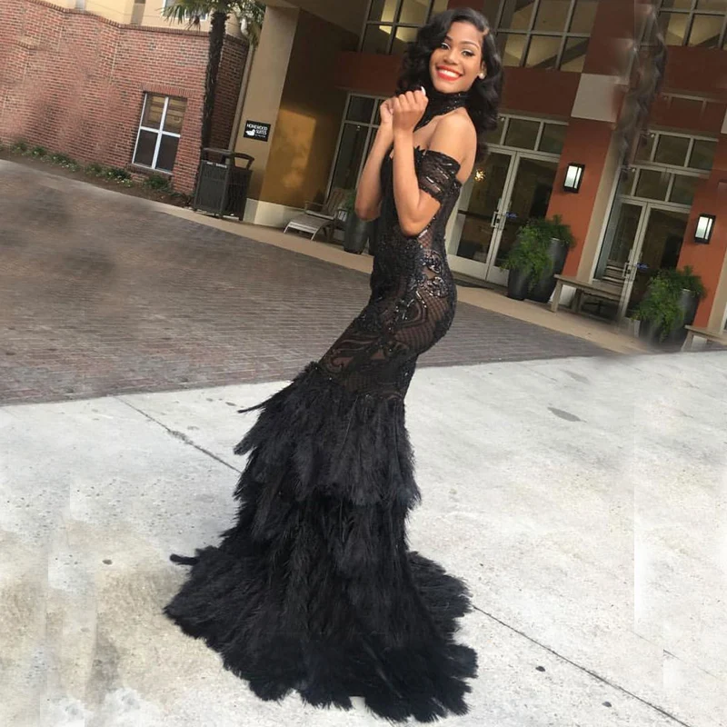 

Beautiful Black Off The Shoulder Sweetheart Mermaid Lace Feather Long Women Formal Evening Party Dressses Gowns 2021