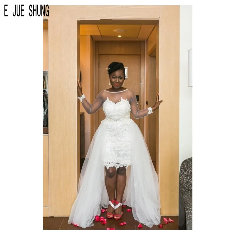 

E JUE SHUNG African Wedding Dresses Sheer Neck Illusion Long Sleeves Backless Lace Appliques Detachable Train vestido de noiva