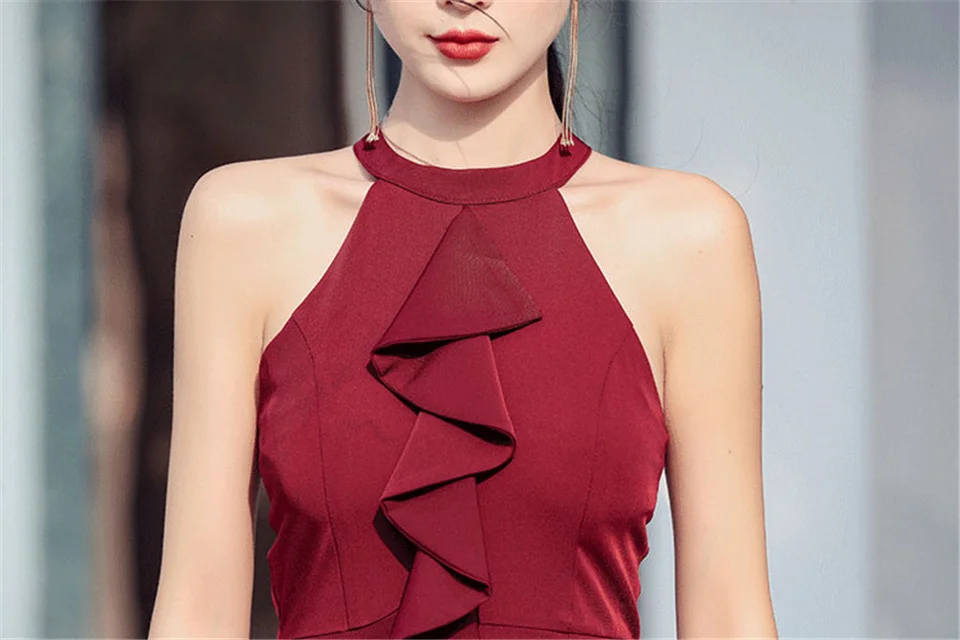 

Summer Sexy Ruffle Slim Split A-Line Beach Dress Women Vintage Neck-mounted Female Dress Casual Holiday Party Dresses Vestidos