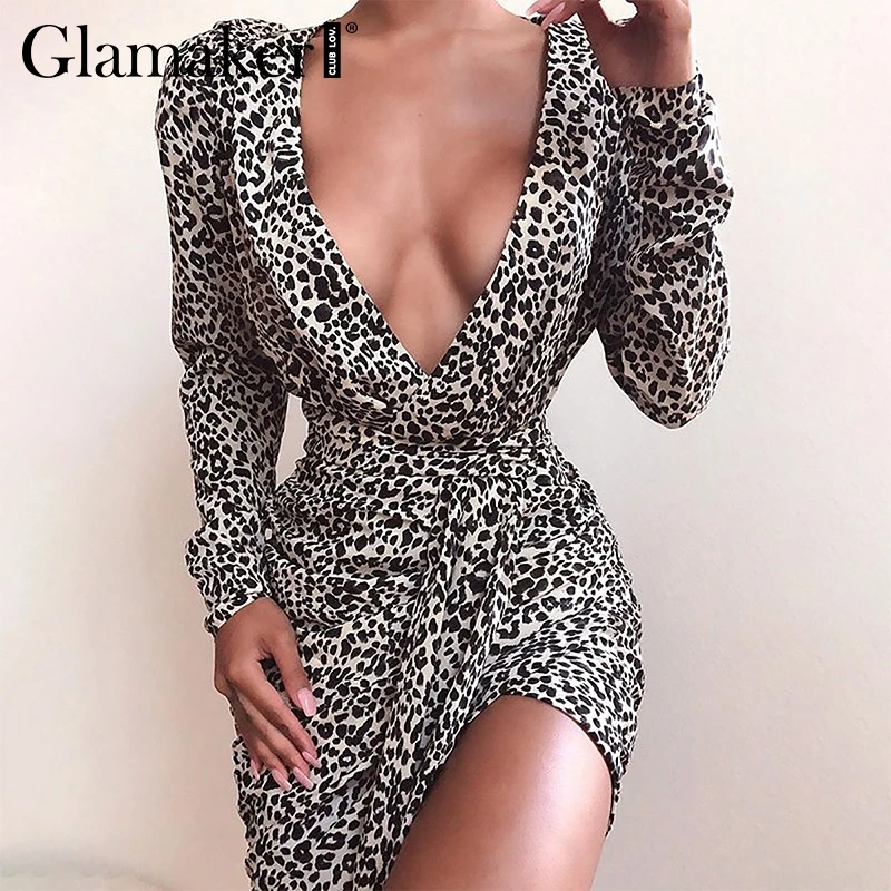 Glamaker Леопардовый принт Плиссированное облегающее платье женское элегантное