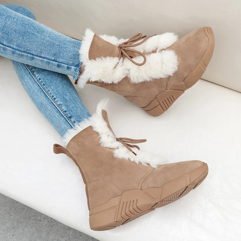 Зимние ботильоны ISNOM женские ботинки из овчины теплые меховые на шнуровке