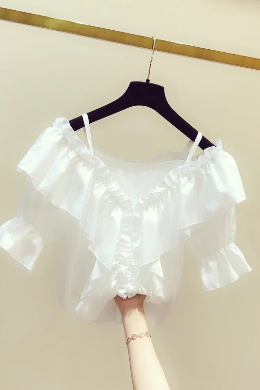 

2020 New Korea-style Summer Short Sleeve Women Shirts All-match Elegant V Neck Strap Flare Sleeve Female White Blouses Casual