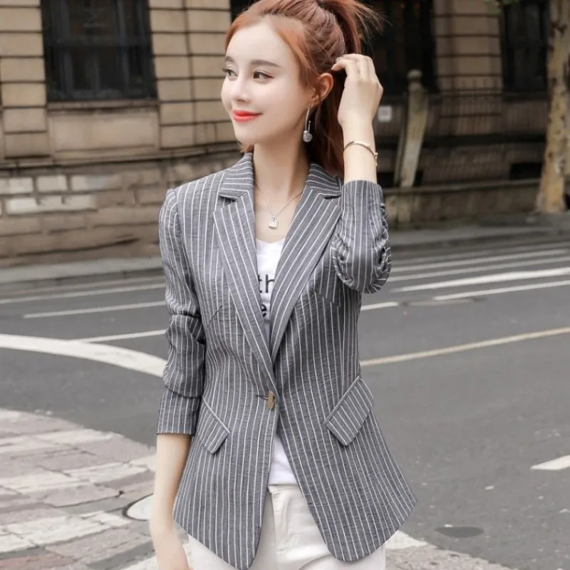 Elegant Womens Single Button Notched Collar Striped Blazer Korean Vintage Fashion Casual Slim Fit Plus Size Female Suit Coats | Женская