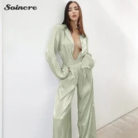 casual satin womens suit 2021 fashion long sleeved loose shirt trousers two piece suit high street autumn new blouse shirts