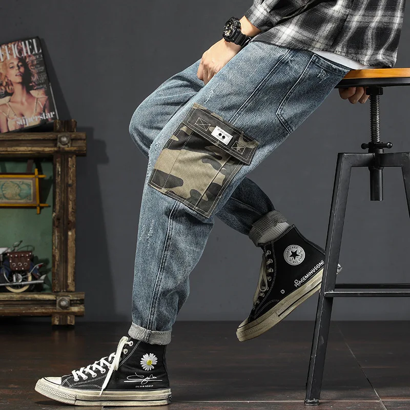 Fall/Winter Men's Loose Tide Brand Blue Jeans Casual Hip-hop Style Plus Size Fashion Tooling Camouflage Harem Jeans Trousers