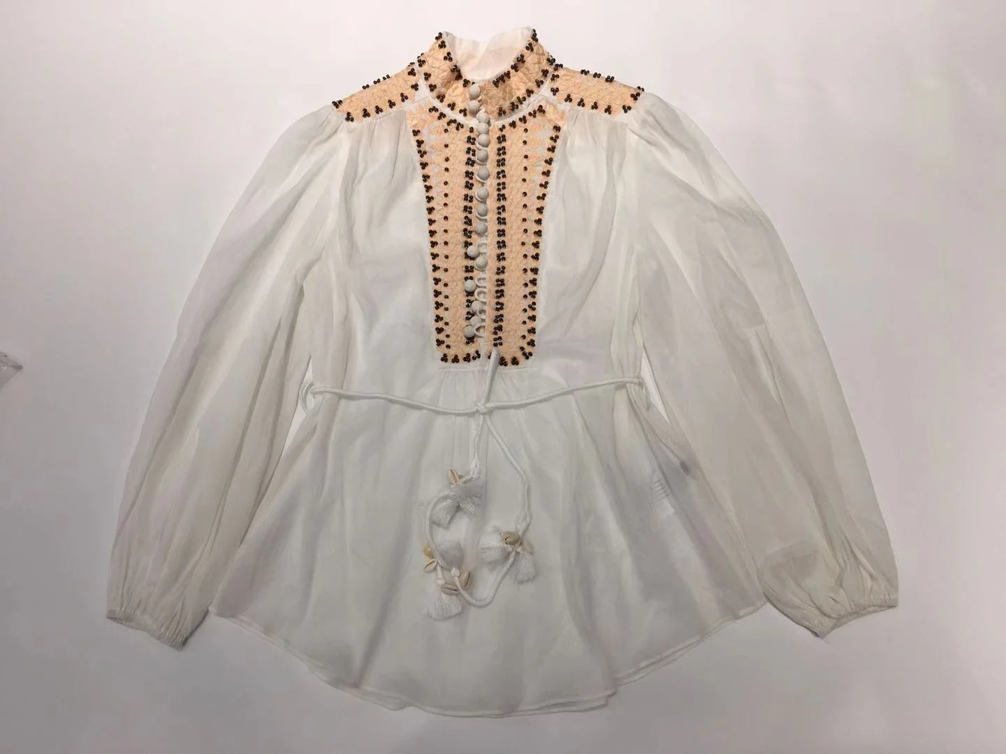 

Элегантная и изысканная рубашка из 100% хлопка из рами с ручным бисером, белые блузки с талией и воротником-стойкой в дворцовом стиле