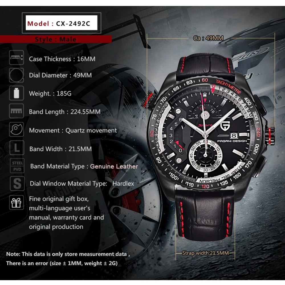 PAGANI Роскошные Брендовые спортивные часы с хронографом мужские Reloj Hombre Водонепроницаемые кожаные кварцевые часы черные часы Relogio Masculino