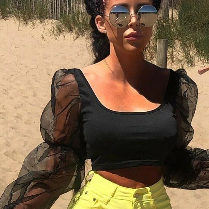 Сексуальные женские укороченные топы хлопковые сетчатые майки с длинным рукавом