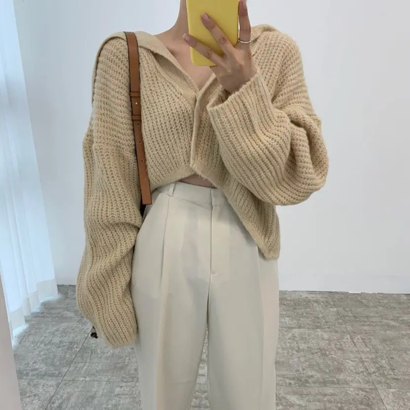 

High Waist Cardigans Sweaters Chic Sailor Collar Solid New Autumn 2021 OL Loose Lazy Style Elegant Hot Women Tops