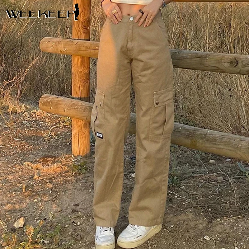 

Weekeep Vintage Big Pocket Denim Jeans Women Fashion Streetwear High Waist Baggy Straight Leg Pants New Aesthetic Casual Trouser