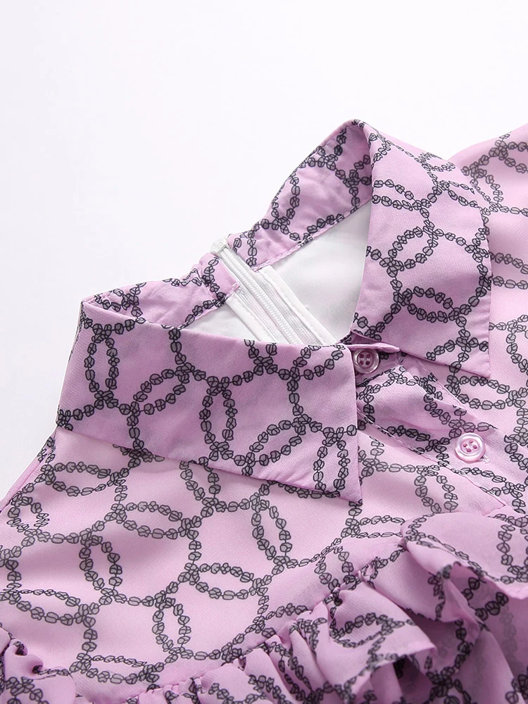 

Summer retro lapel multi-layer butterfly lotus leaf print heavy waist chiffon A-shaped big swing sweet vacation mid-leng