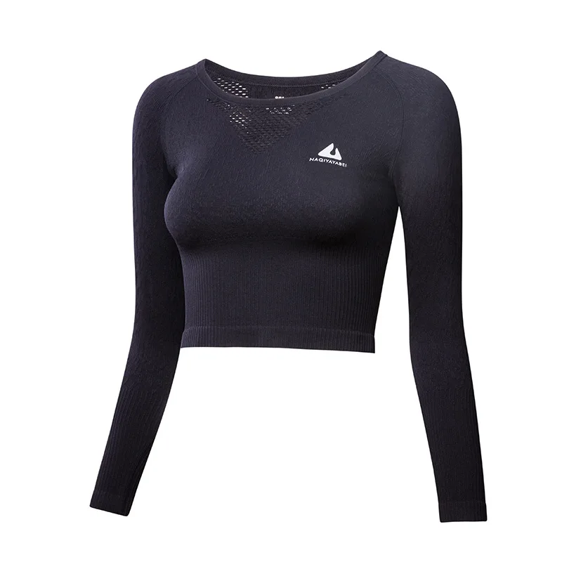 Women Round Neck Long Sleeve Yoga  Shirts  Solid Color Sexy Exposed Navel Fitness Gym Crop Top Quick Dry Running Sportswear