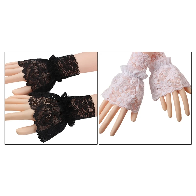 

Women Floral Lace Wrist Cuffs Ruffled Fake Sleeves Wedding Fingerless Gloves 85WB