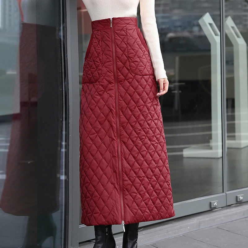 

Women's Autumn Winter Elegant Vintage Down Cotton Plus Size High Waist Casual Loose Streetwear Long Skirts Zipper Warm Skirt