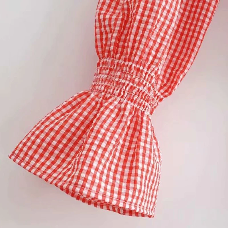 

New Spring Autumn Sweet Deep V Neck 2021 Women Blouse Plaid Shirt Puff Long Sleeve With Sashes Strappy Short Top Harajuku NZ0112