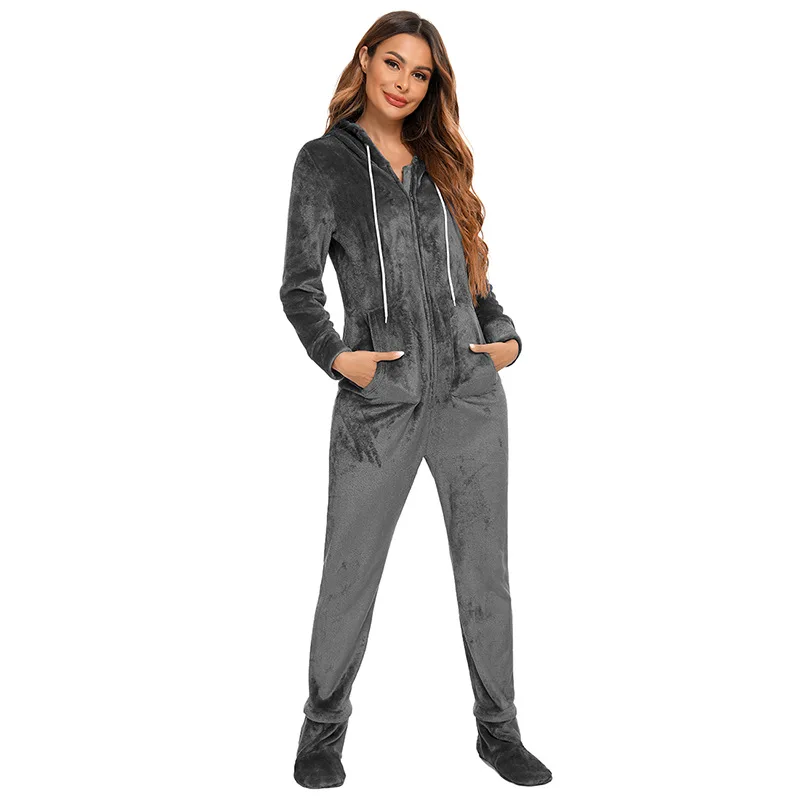 

KOENVE Autumn And Winter One-Piece Hooded Ladies Pajamas Flannel With Feet Detachable Home Service Warm Pajamas