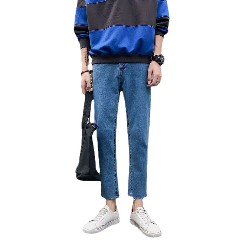 

Summer Trousers Men's Hong Kong Style Cropped Jeans Men's Loose Straight Korean Style Trendy Frayed Cropped Pants Cross-Border